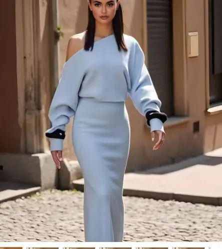 Sexy sloping collar off shoulder long sleeved solid color dress for spring and summer women fashionable and elegant long skirt