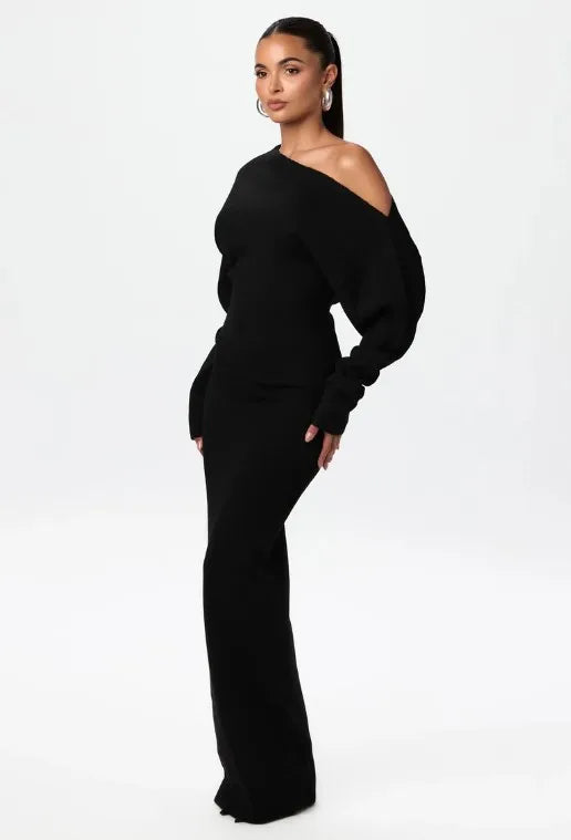 Sexy sloping collar off shoulder long sleeved solid color dress for spring and summer women fashionable and elegant long skirt